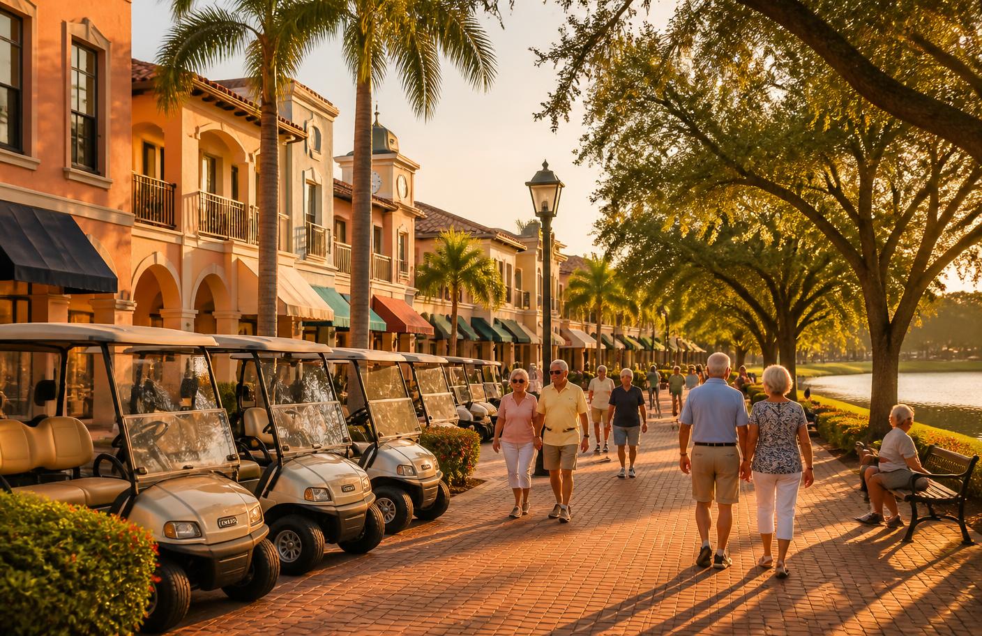 Golf carts parked outside the town square shops in The Villages, Florida at golden hour